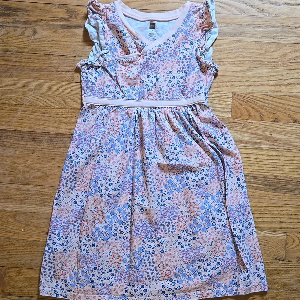 Tea Collection pink blue floral print faux wrap tank dress